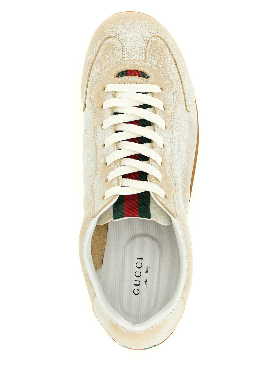 Gucci Shift Sneakers Ultralight Delave Beige Calfskin Leather With Web Ribbon For Women Luxury Comfort