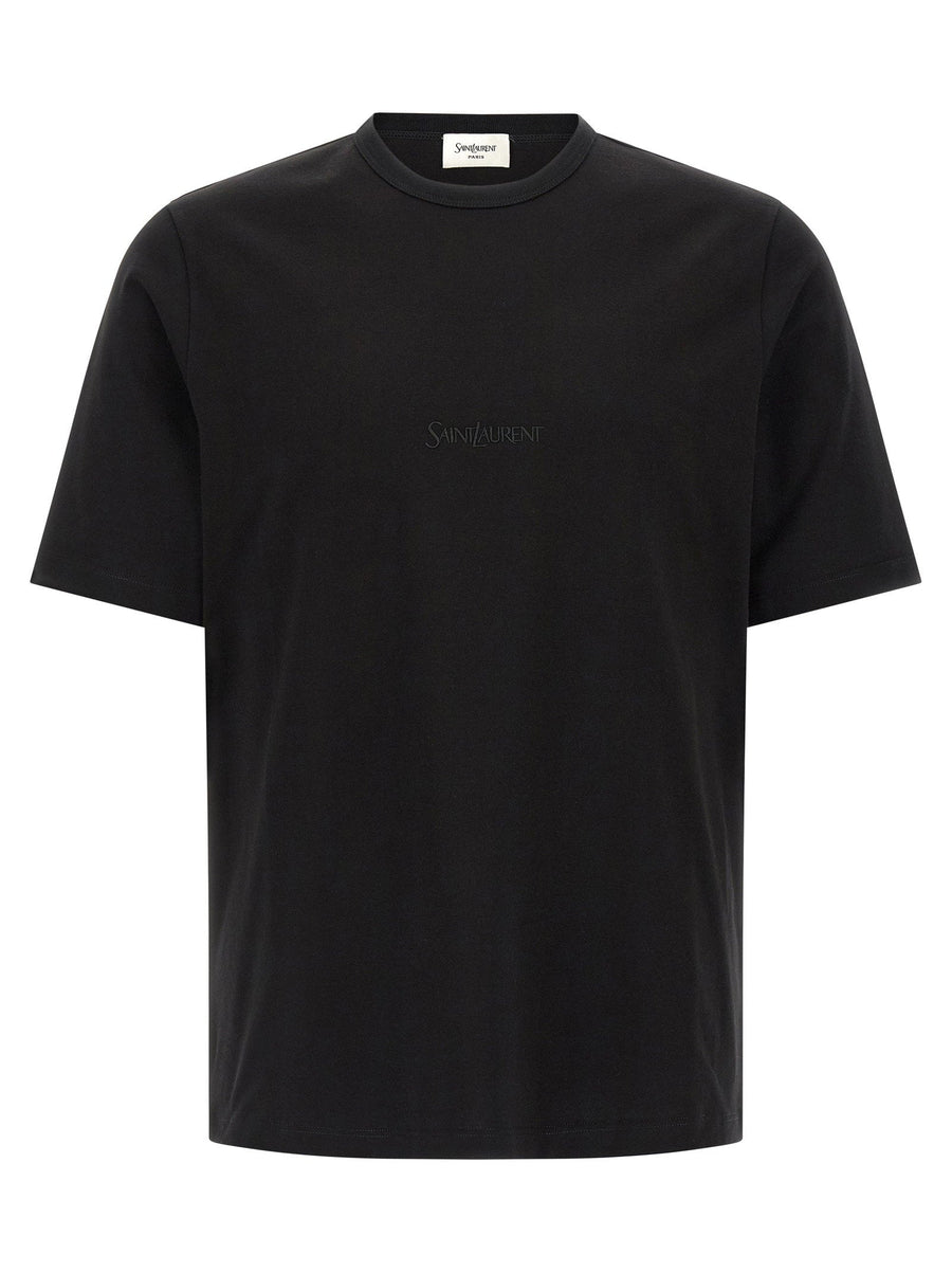 Saint Laurent Men Black Cotton T Shirt With Tone On Tone Embroidery Dropped Shoulder Crewneck Minimalist Luxury
