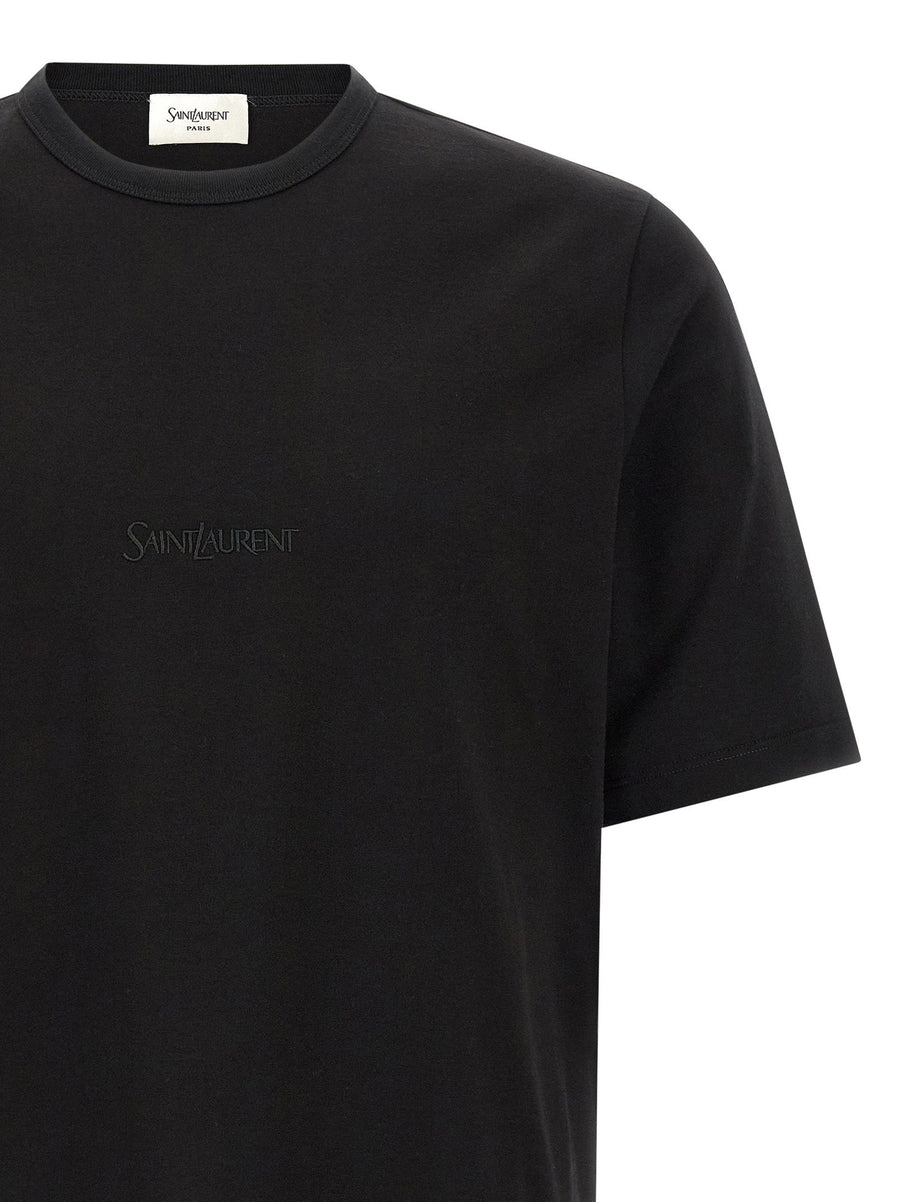 Saint Laurent Men Black Cotton T Shirt With Tone On Tone Embroidery Dropped Shoulder Crewneck Minimalist Luxury