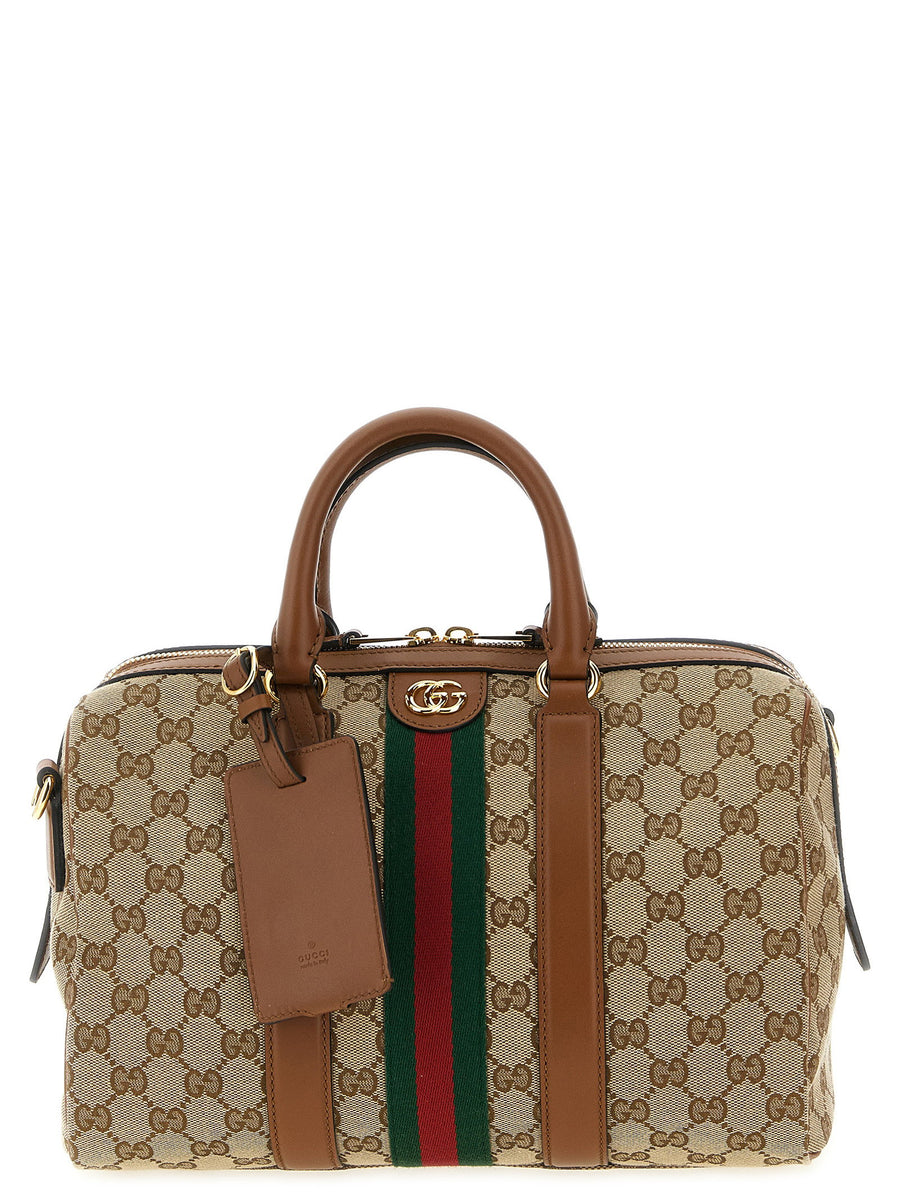 Gucci Ophidia Medium Top Case Handbag Beige GG Fabric Leather Details One Size