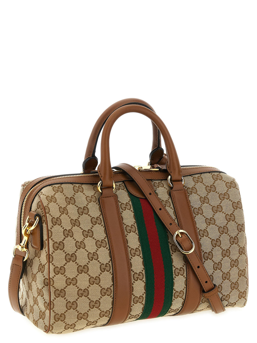 Gucci Ophidia Medium Top Case Handbag Beige GG Fabric Leather Details One Size