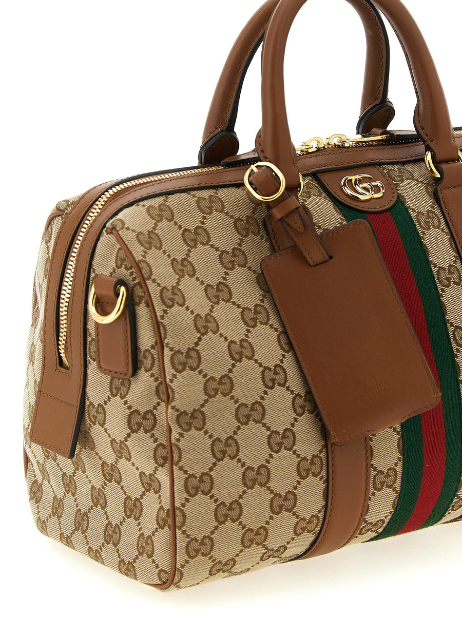 Gucci Ophidia Medium Top Case Handbag Beige GG Fabric Leather Details One Size