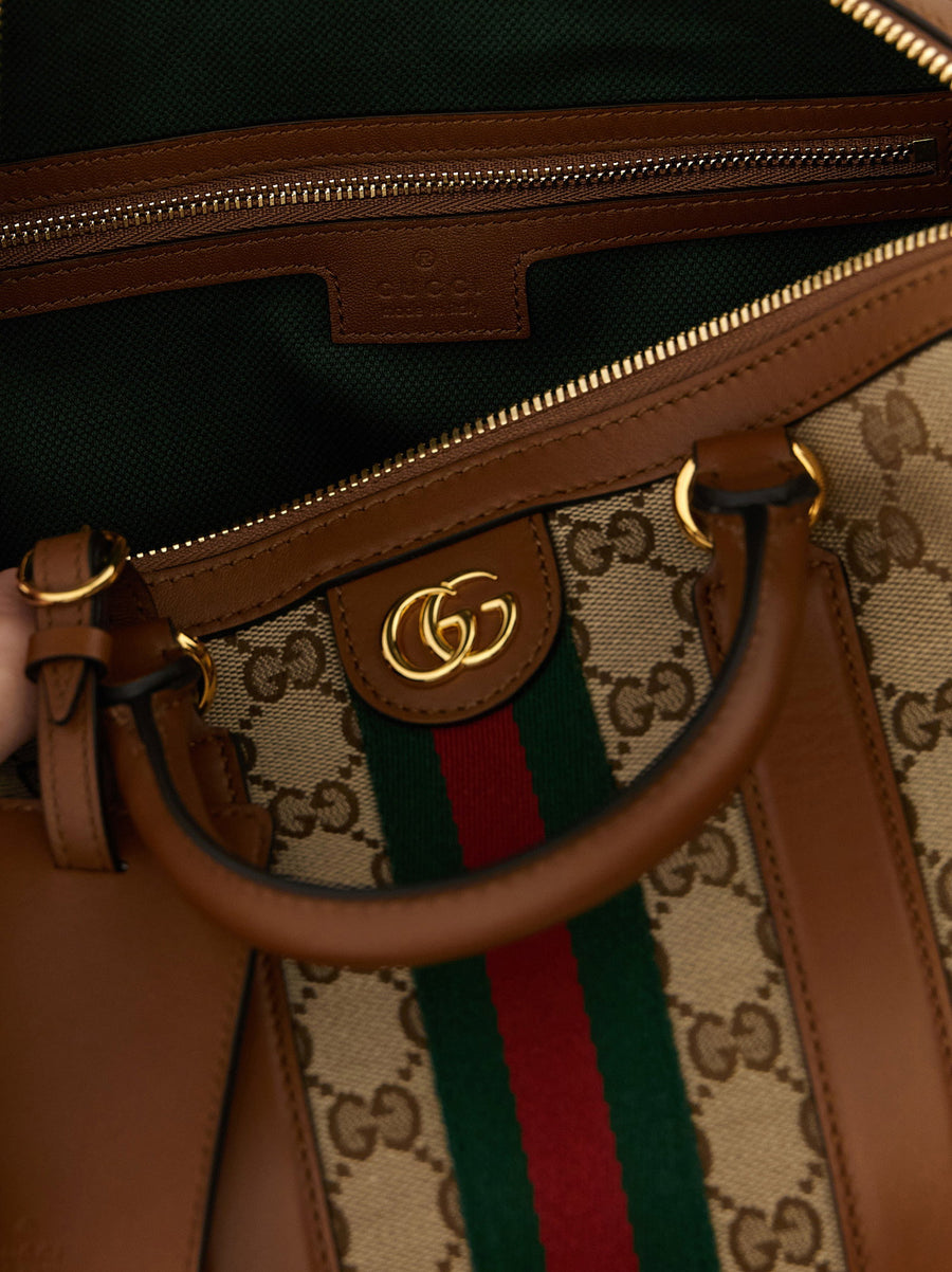 Gucci Ophidia Medium Top Case Handbag Beige GG Fabric Leather Details One Size