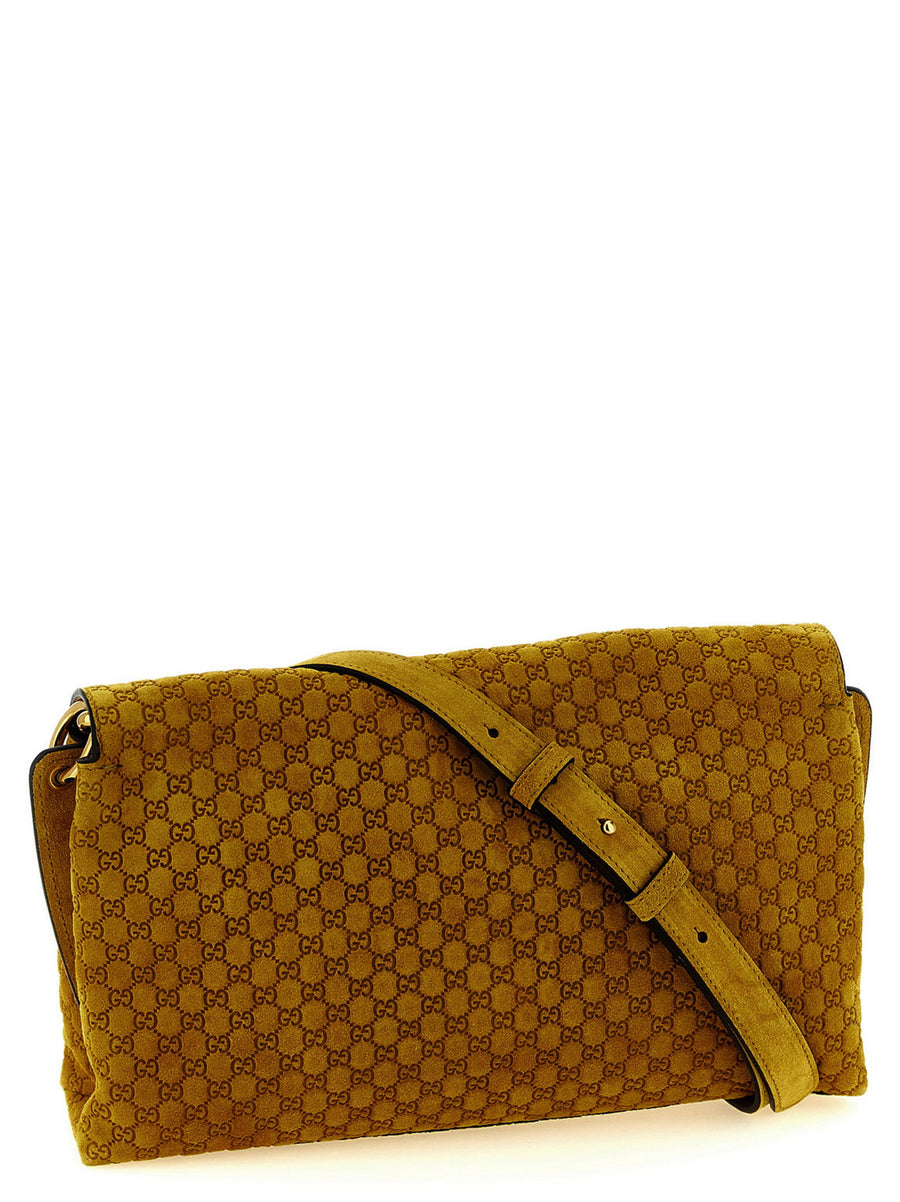 Gucci GG Medium Suede Shoulder Bag Yellow With Embossed GG Detail Luxury For Women
