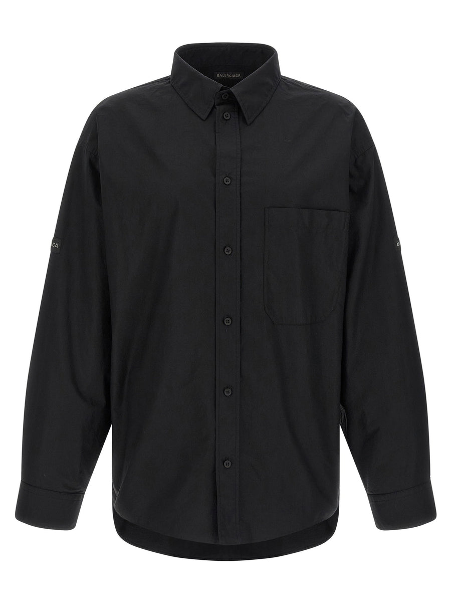Balenciaga Logo Patch Shirt For Men In Black Cotton Poplin With Chest Pocket And Relaxed Fit