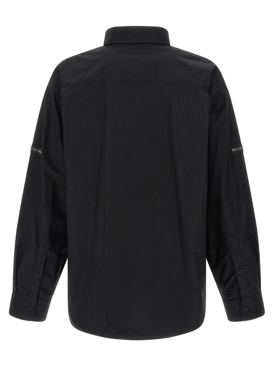 Balenciaga Logo Patch Shirt For Men In Black Cotton Poplin With Chest Pocket And Relaxed Fit