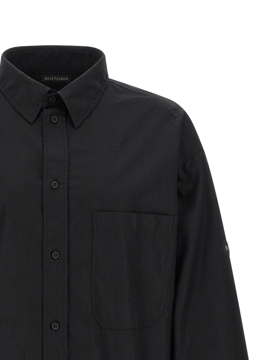 Balenciaga Logo Patch Shirt For Men In Black Cotton Poplin With Chest Pocket And Relaxed Fit
