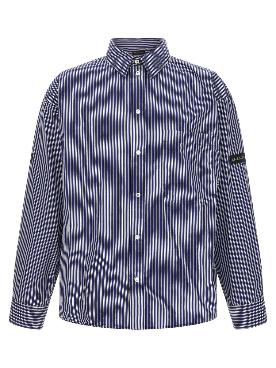 Balenciaga Blue Striped Cotton Poplin Shirt For Men With Dropped Shoulder And Logo Patch