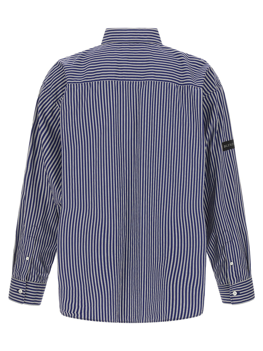 Balenciaga Blue Striped Cotton Poplin Shirt For Men With Dropped Shoulder And Logo Patch