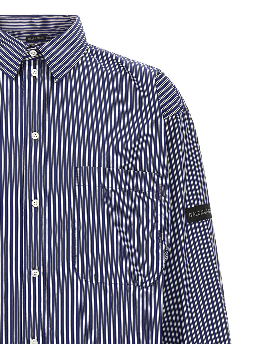 Balenciaga Blue Striped Cotton Poplin Shirt For Men With Dropped Shoulder And Logo Patch