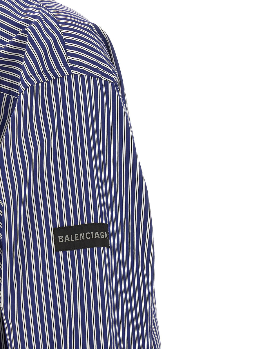 Balenciaga Blue Striped Cotton Poplin Shirt For Men With Dropped Shoulder And Logo Patch