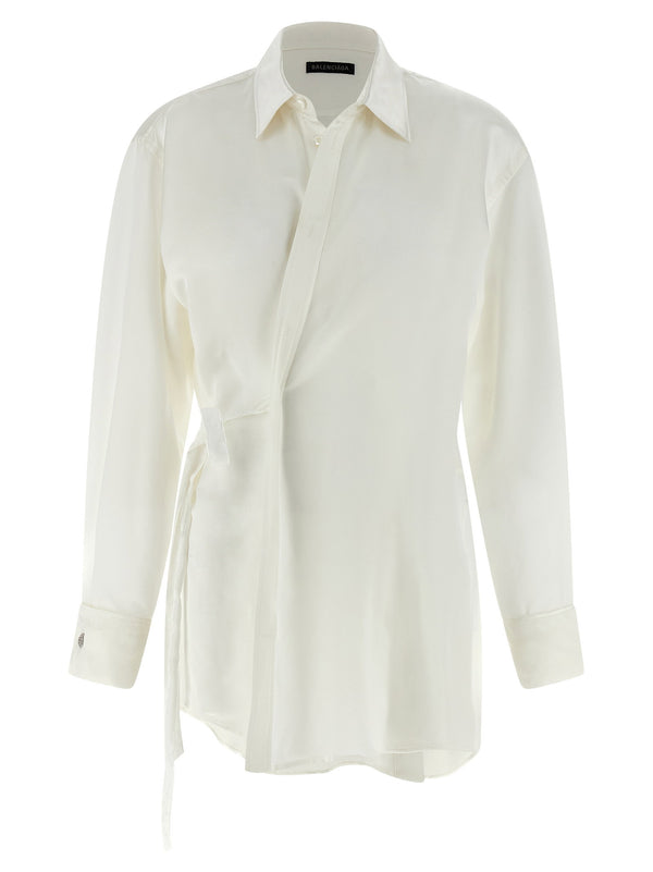 Balenciaga Silk Wrap Shirt For Women Asymmetrical Bio Tech Satin Cufflinks Rhinestones White