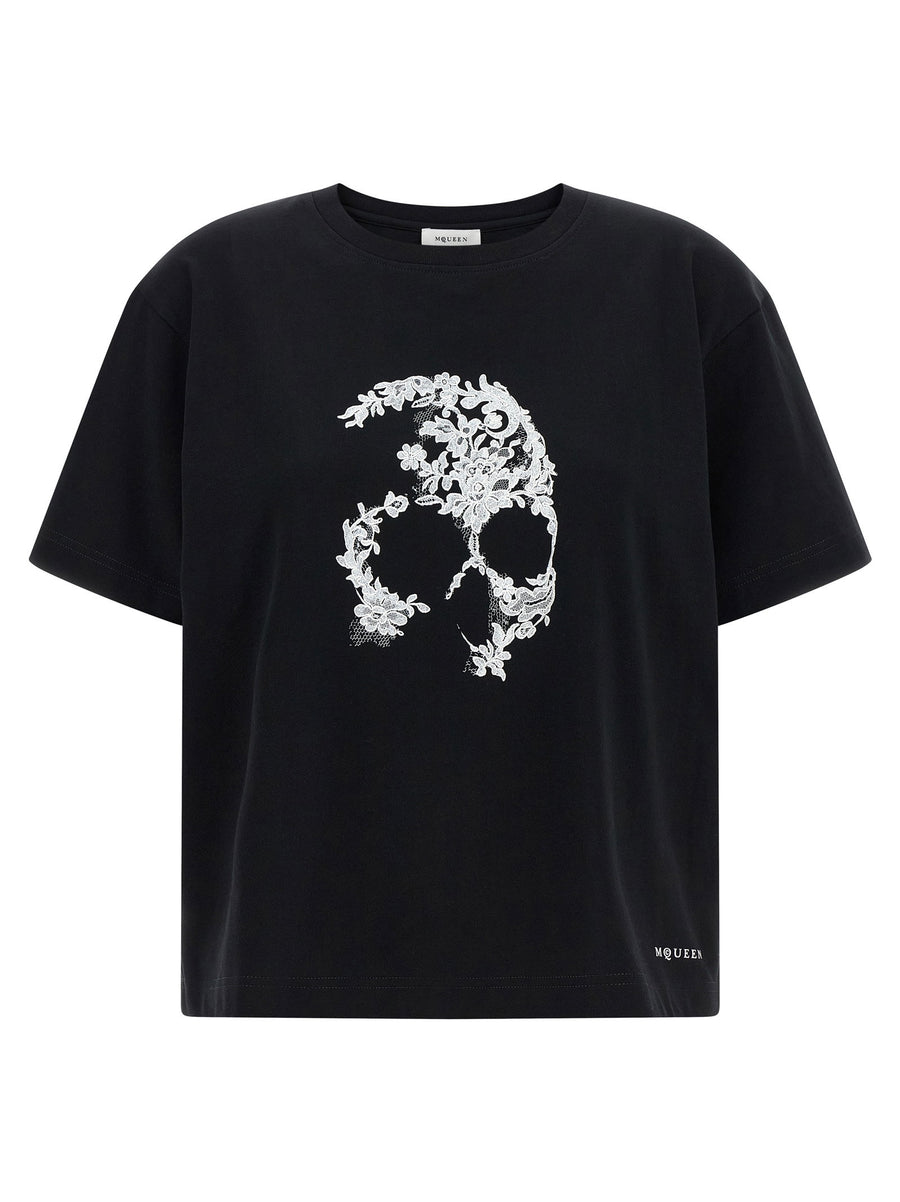 Alexander McQueen Lace Skull Print T Shirt Luxury White Cotton Jersey Front Logo Tee For Women
