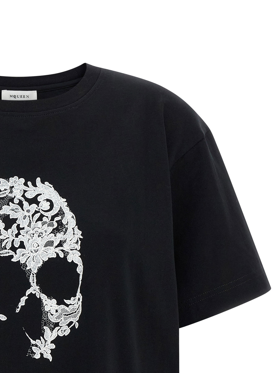 Alexander McQueen Lace Skull Print T Shirt Luxury White Cotton Jersey Front Logo Tee For Women
