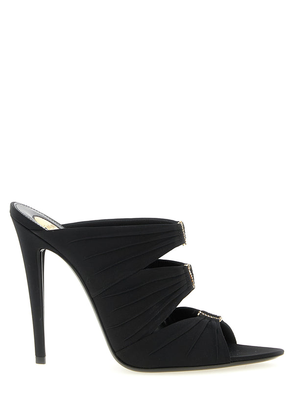 Luxurious Saint Laurent Emilie Mules For Women In Black Crepe Satin With Rhinestone Logo