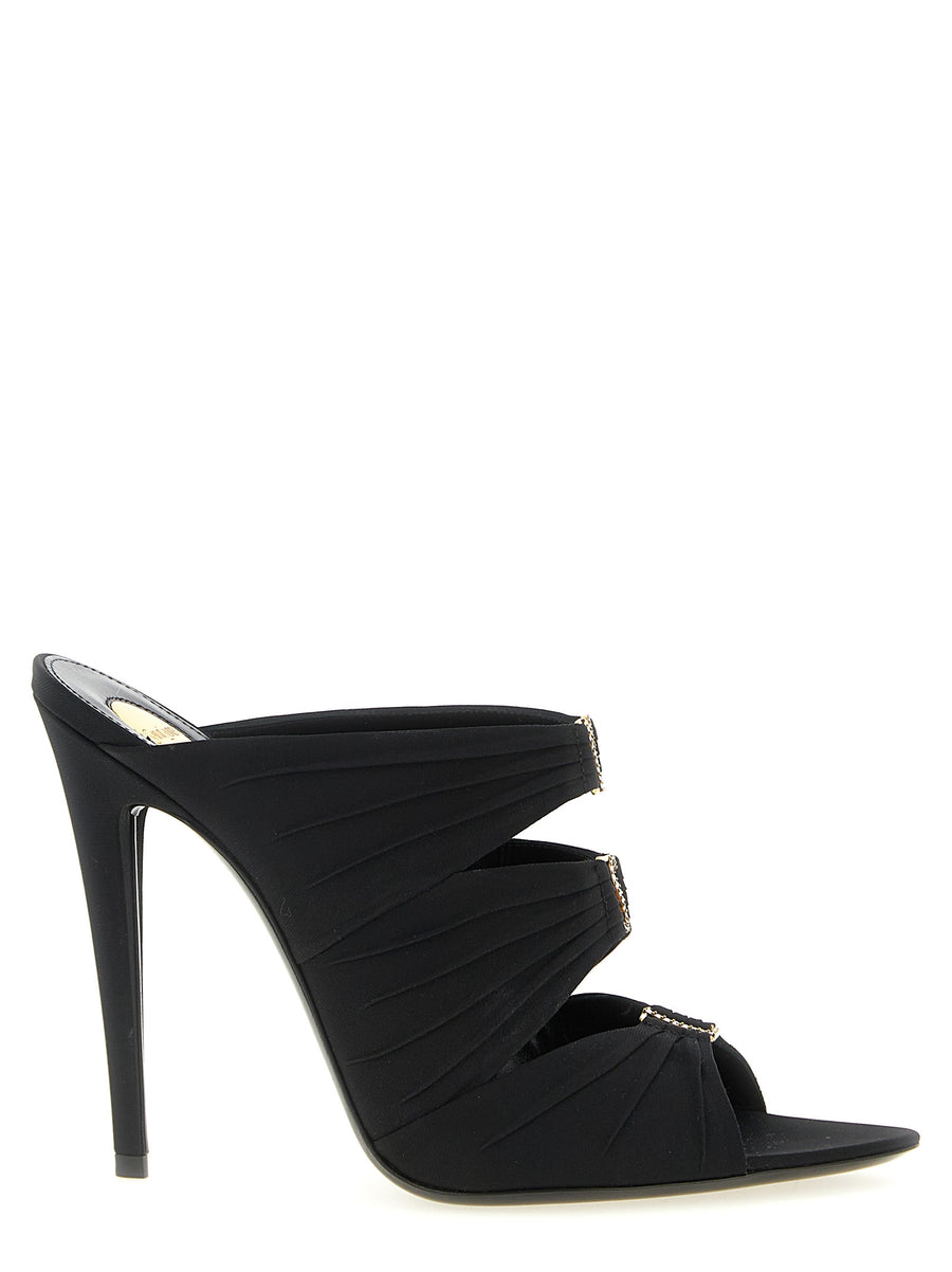 Luxurious Saint Laurent Emilie Mules For Women In Black Crepe Satin With Rhinestone Logo