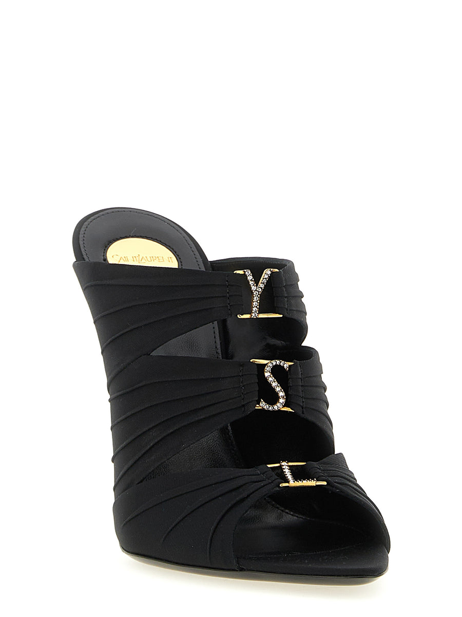 Luxurious Saint Laurent Emilie Mules For Women In Black Crepe Satin With Rhinestone Logo