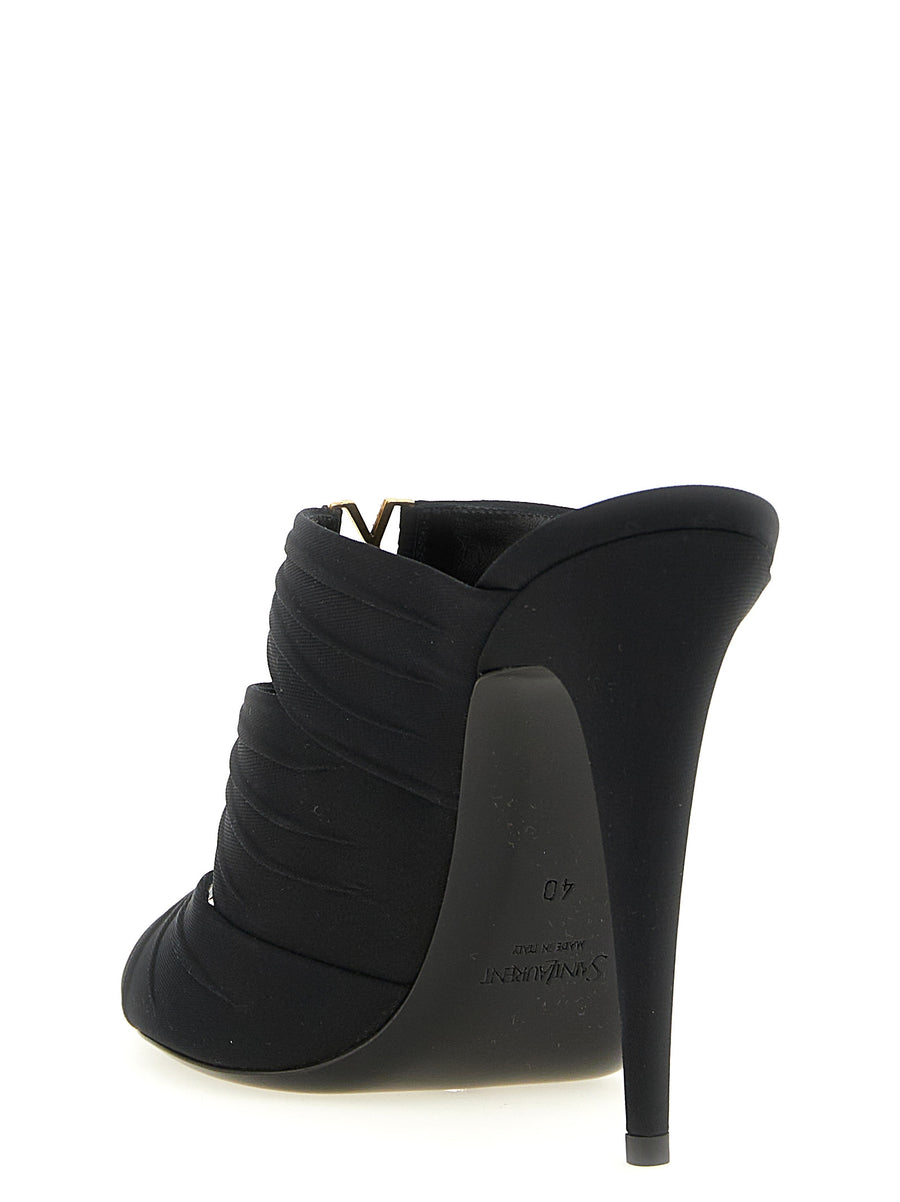 Luxurious Saint Laurent Emilie Mules For Women In Black Crepe Satin With Rhinestone Logo