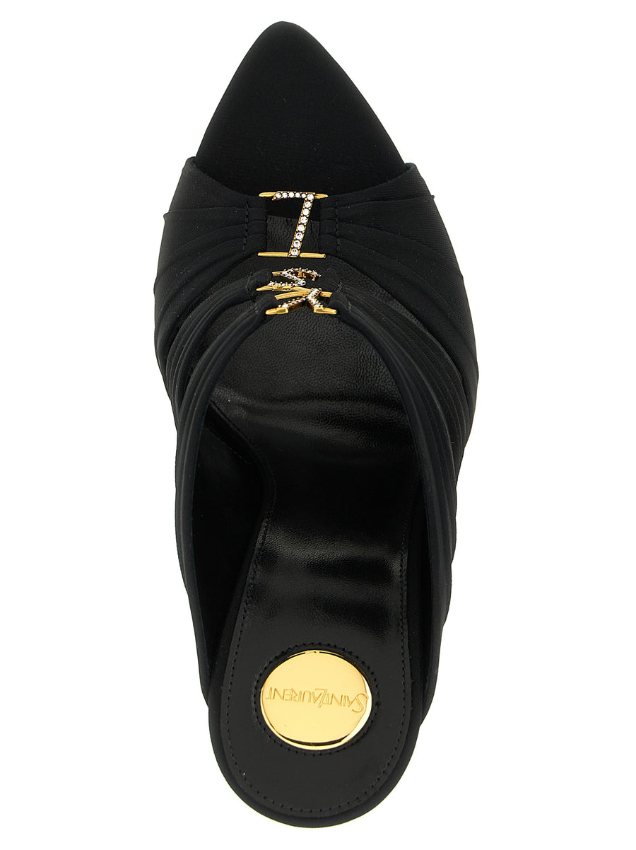 Luxurious Saint Laurent Emilie Mules For Women In Black Crepe Satin With Rhinestone Logo