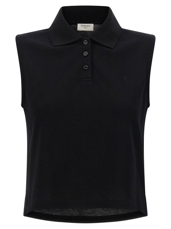 Saint Laurent Cassandre Embroidered Polo Shirt For Women Cropped Pique Cotton With Asymmetrical Hem