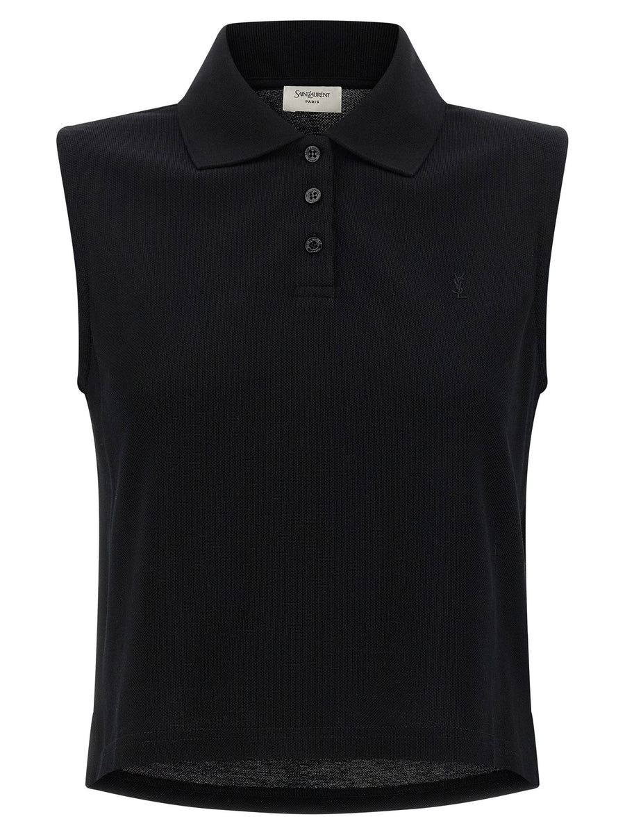 Saint Laurent Cassandre Embroidered Polo Shirt For Women Cropped Pique Cotton With Asymmetrical Hem