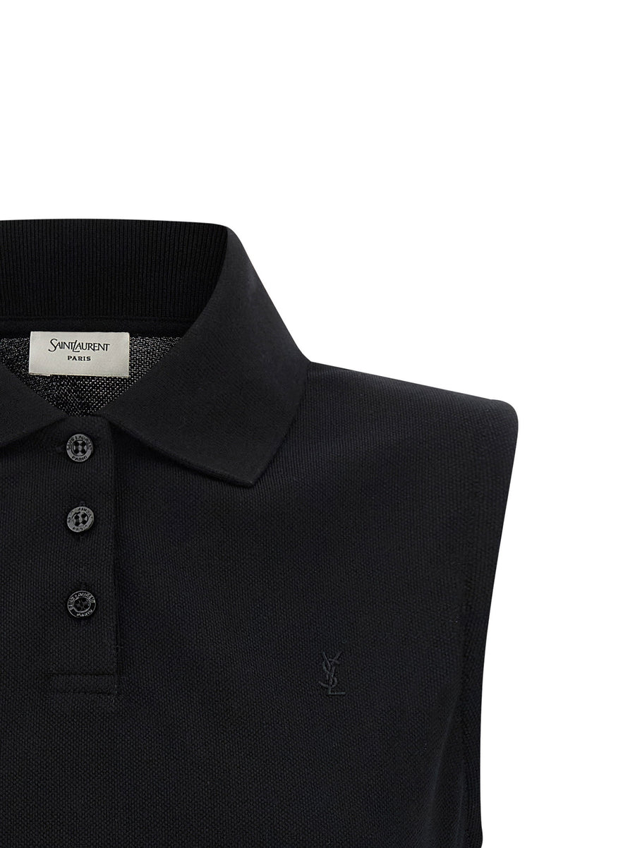 Saint Laurent Cassandre Embroidered Polo Shirt For Women Cropped Pique Cotton With Asymmetrical Hem