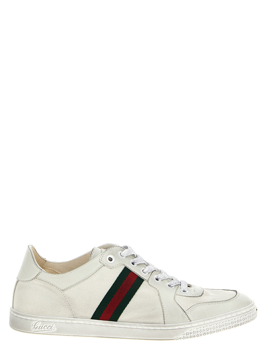 Gucci White Lamb Leather Stretch Sneakers With Nastro Web Grosgrain