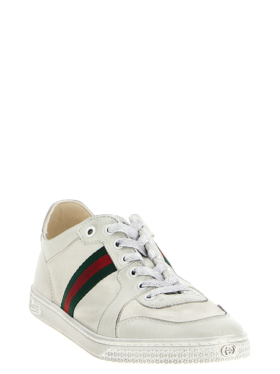 Gucci White Lamb Leather Stretch Sneakers With Nastro Web Grosgrain