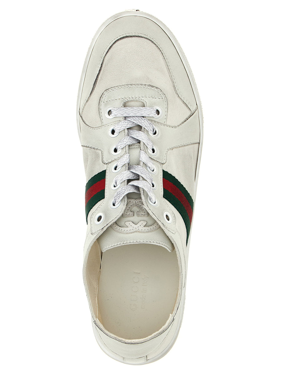 Gucci White Lamb Leather Stretch Sneakers With Nastro Web Grosgrain
