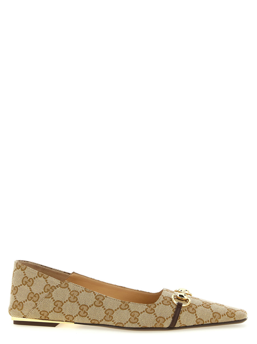 Gucci Vittoria Ballet Flats Beige La Famiglia Morsetto Detail Leather Lining