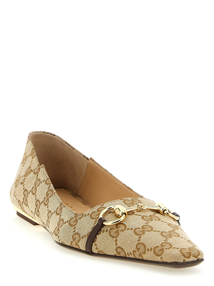 Gucci Vittoria Ballet Flats Beige La Famiglia Morsetto Detail Leather Lining