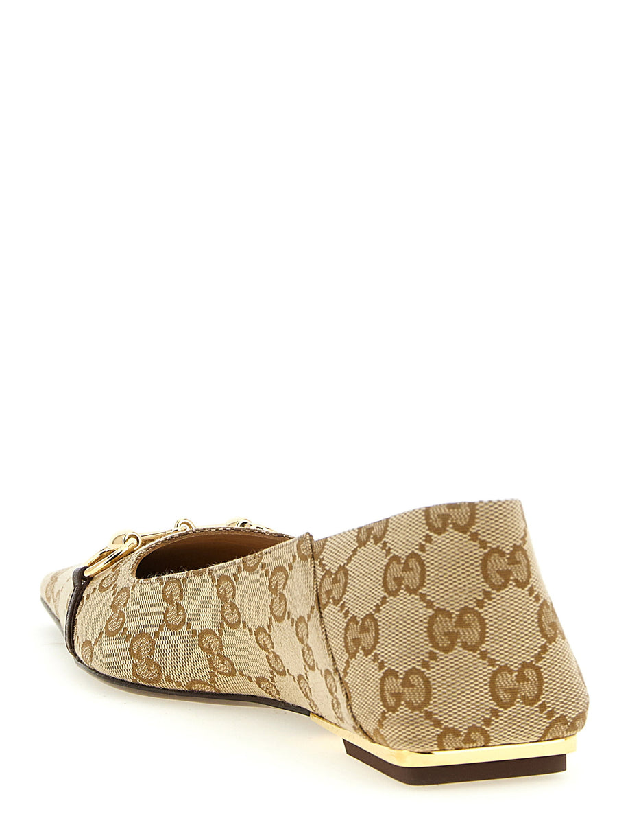Gucci Vittoria Ballet Flats Beige La Famiglia Morsetto Detail Leather Lining