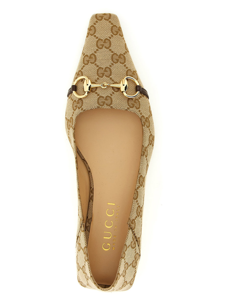 Gucci Vittoria Ballet Flats Beige La Famiglia Morsetto Detail Leather Lining