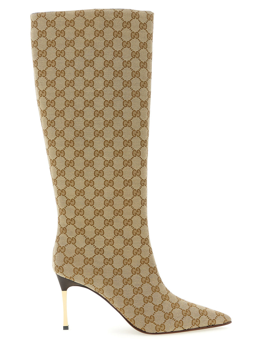 Gucci Bombshell Boots In Beige GG Structured Fabric With Leather Lining