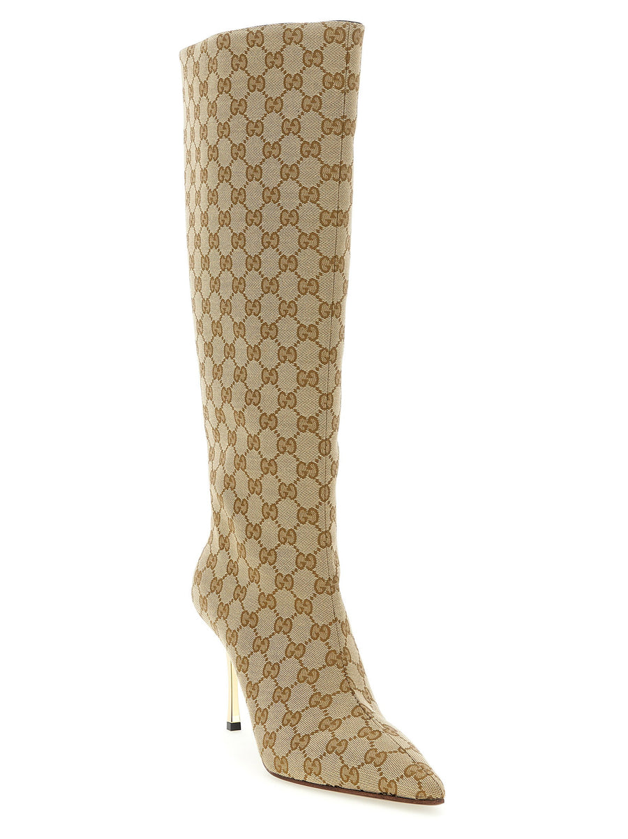 Gucci Bombshell Boots In Beige GG Structured Fabric With Leather Lining