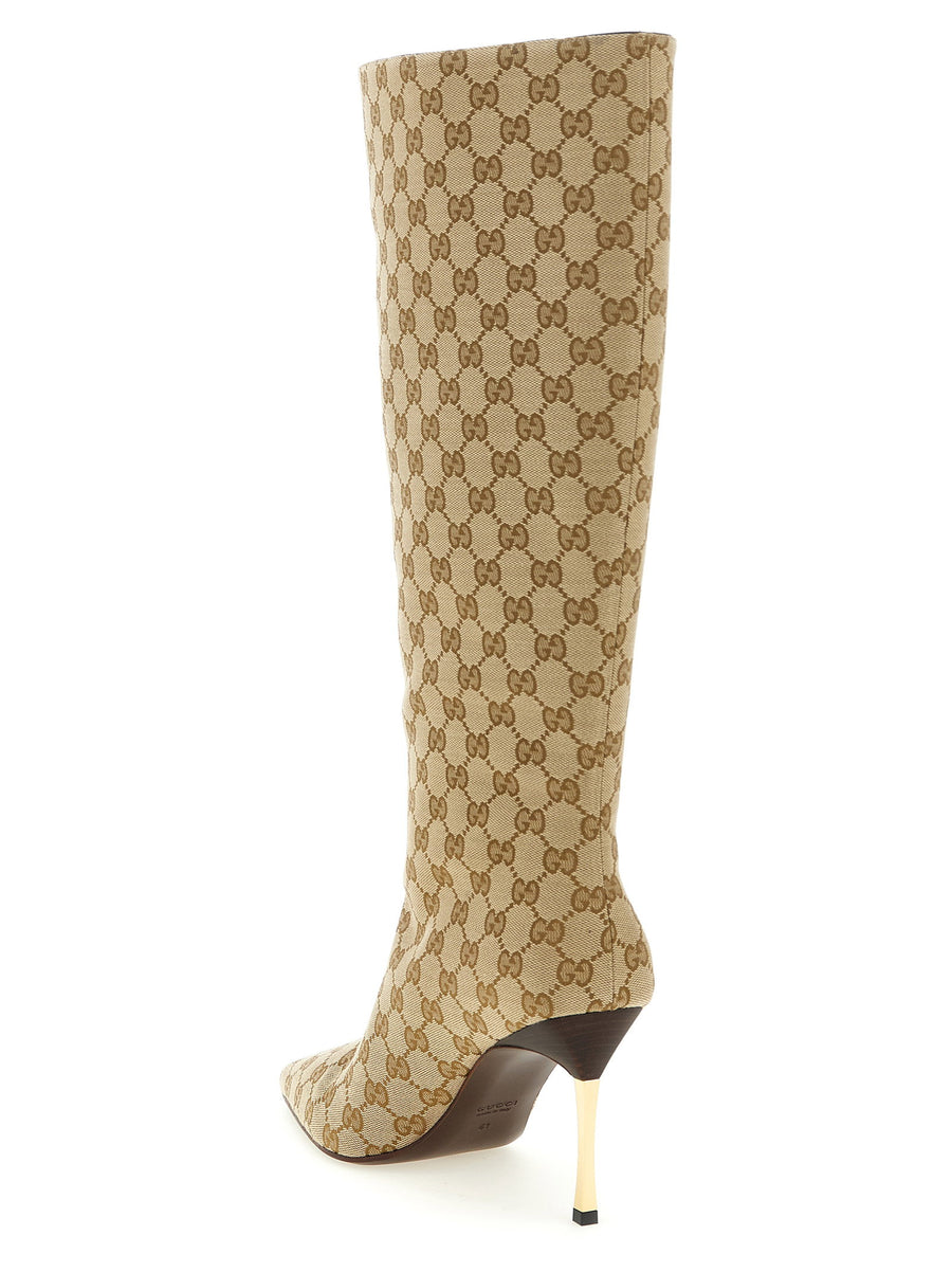 Gucci Bombshell Boots In Beige GG Structured Fabric With Leather Lining