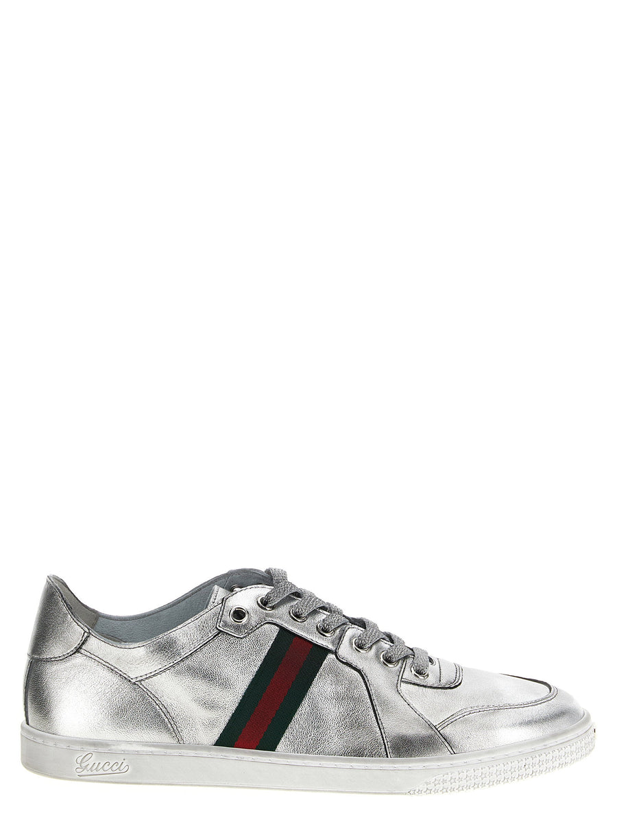 Gucci Stretch Sneakers Silver Lamb Leather With Nastro Web Grosgrain Lace Up