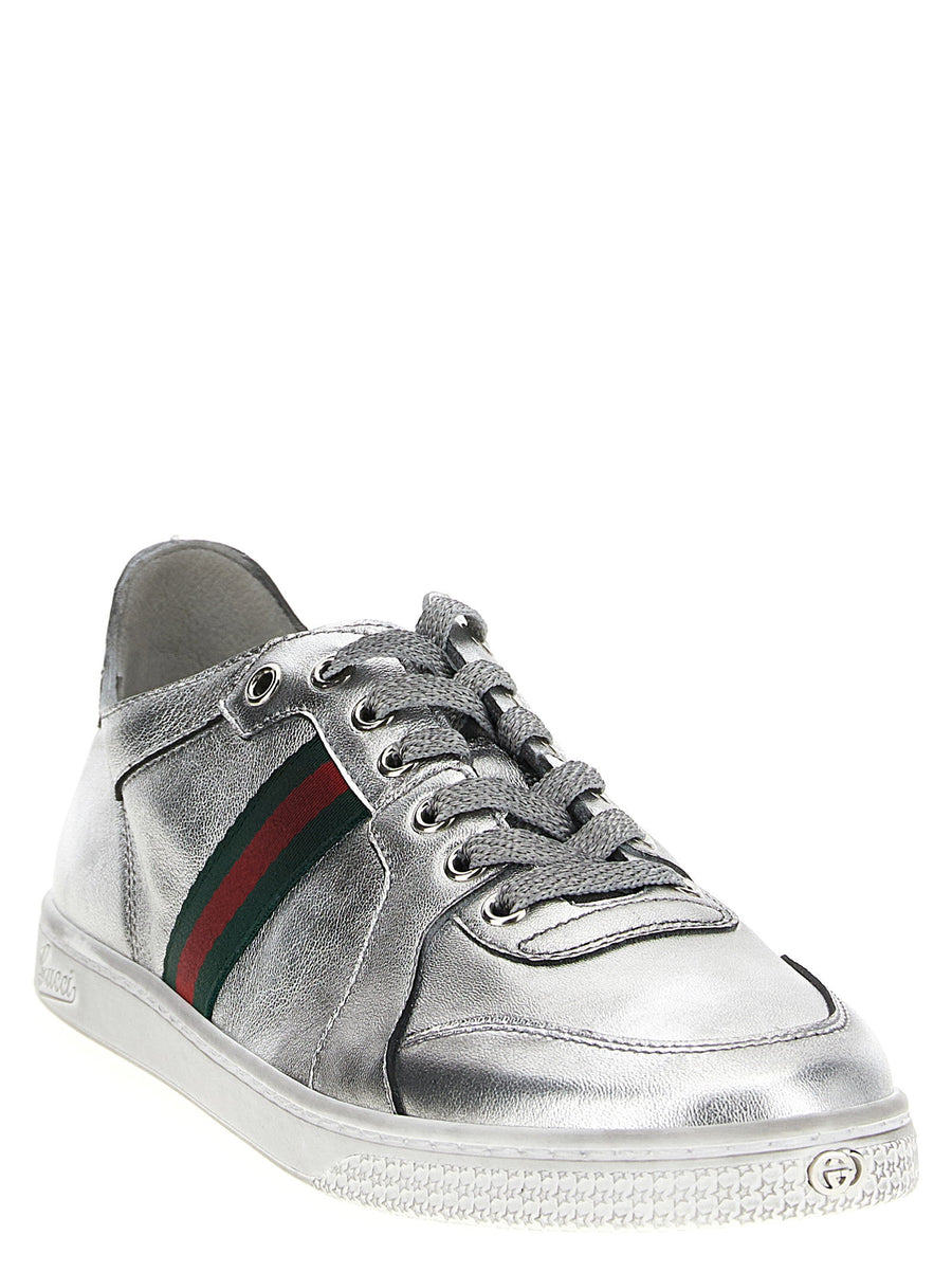Gucci Stretch Sneakers Silver Lamb Leather With Nastro Web Grosgrain Lace Up