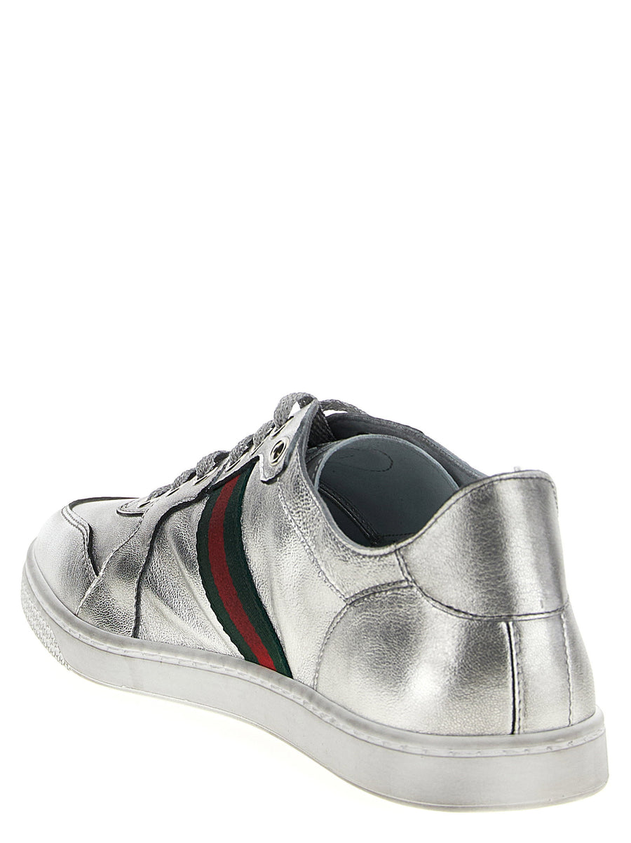 Gucci Stretch Sneakers Silver Lamb Leather With Nastro Web Grosgrain Lace Up