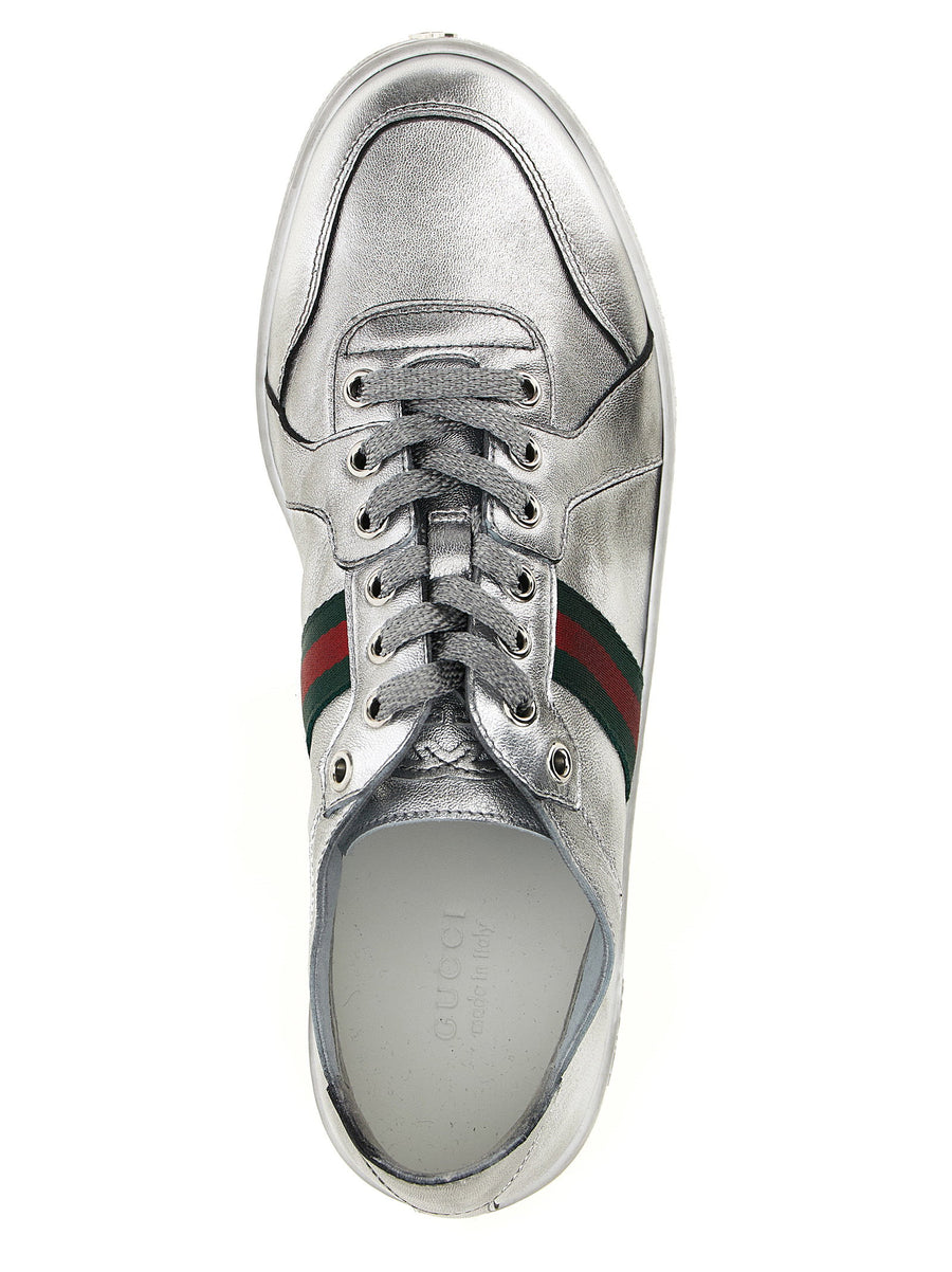 Gucci Stretch Sneakers Silver Lamb Leather With Nastro Web Grosgrain Lace Up