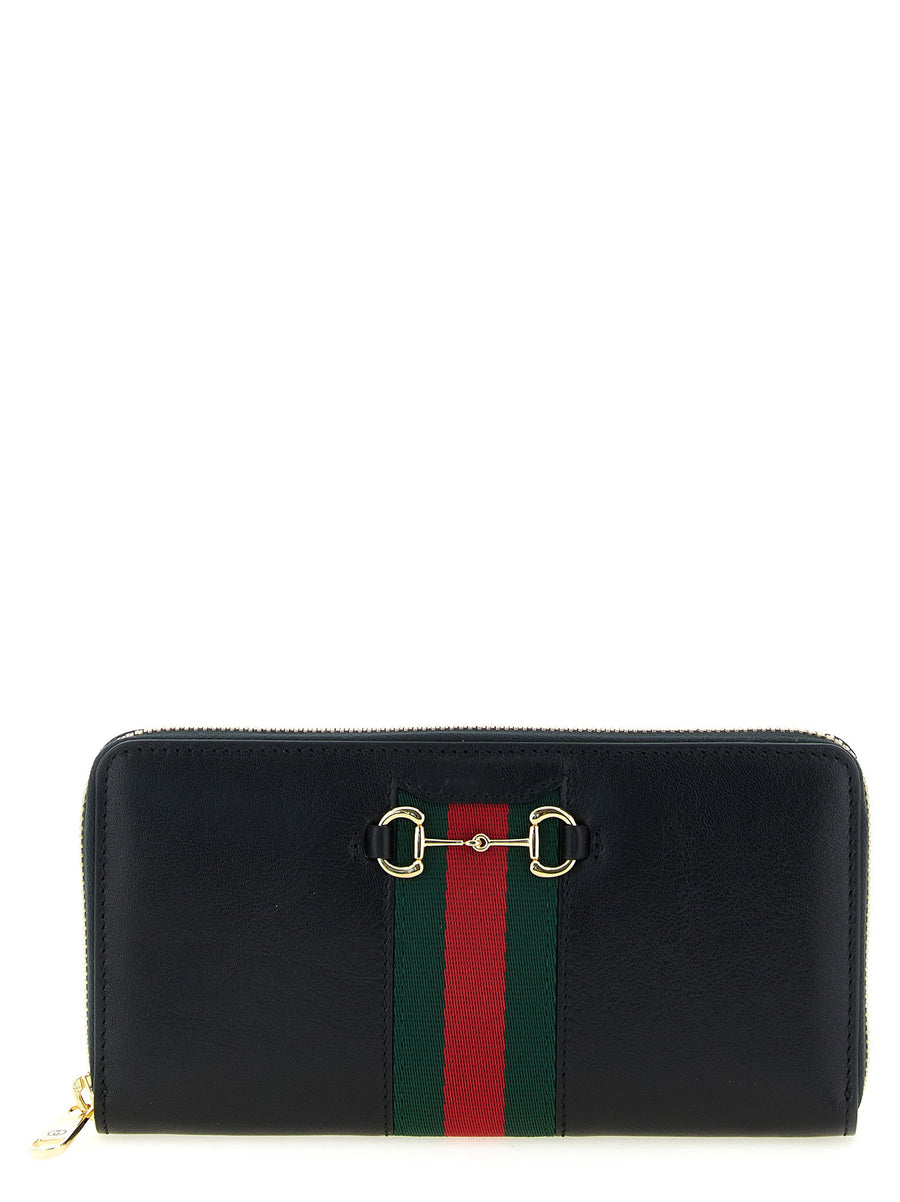 Gucci Horsebit Web Calfskin Leather Wallet with Zip Around Closure Black