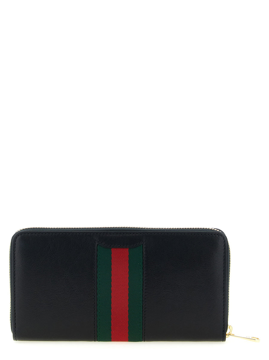 Gucci Horsebit Web Calfskin Leather Wallet with Zip Around Closure Black