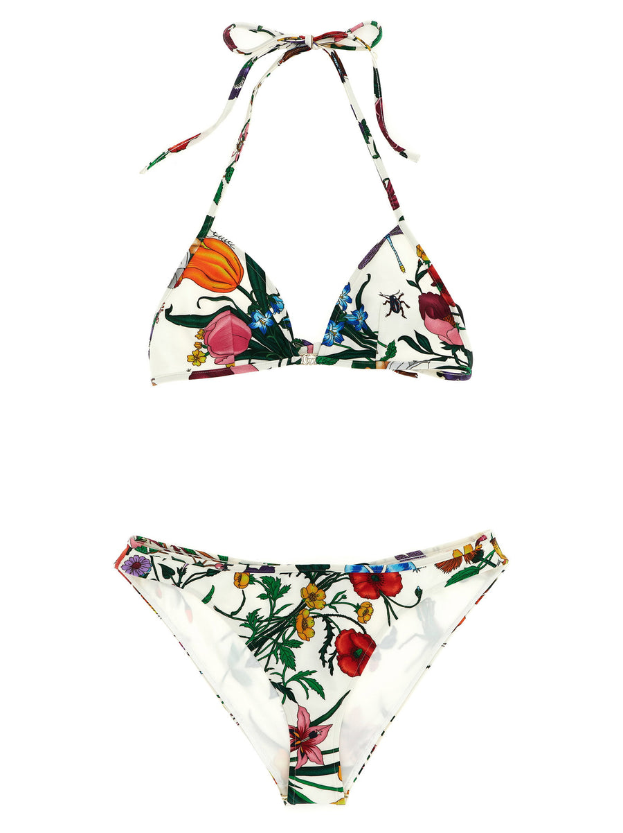 Gucci Flora Bikini White With Triangle Top And Laces And Logo