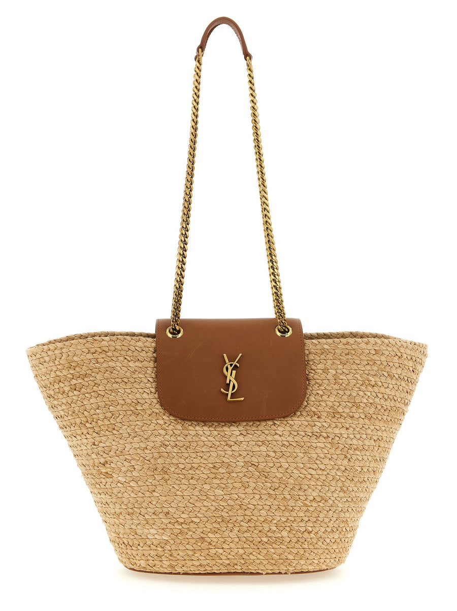 Saint Laurent Manon Raffia Shoulder Bag With Leather Flap Beige Cassandre Logo