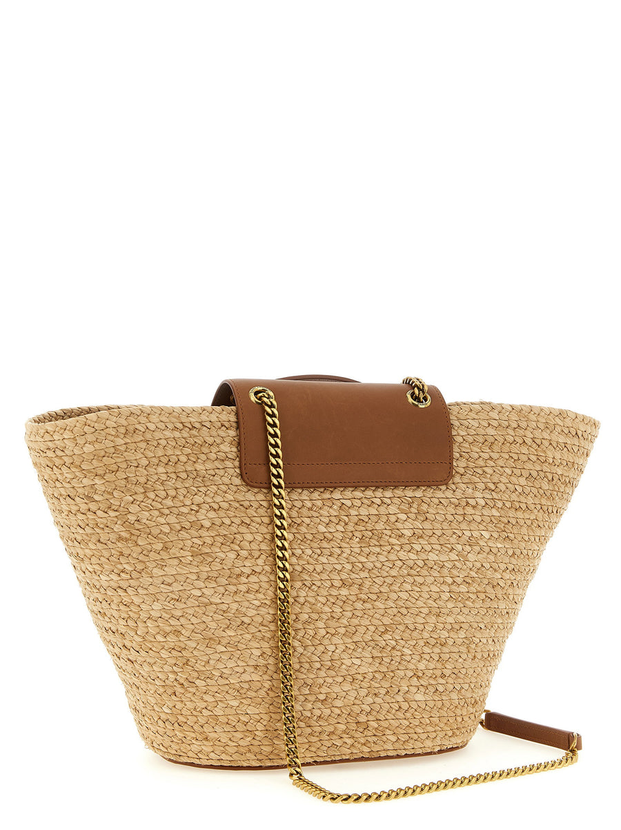 Saint Laurent Manon Raffia Shoulder Bag With Leather Flap Beige Cassandre Logo