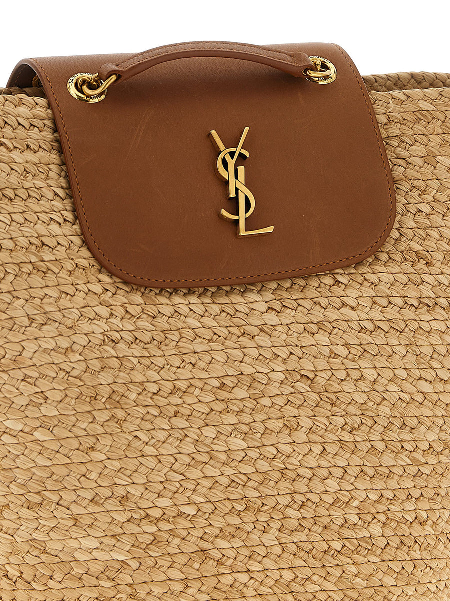 Saint Laurent Manon Raffia Shoulder Bag With Leather Flap Beige Cassandre Logo