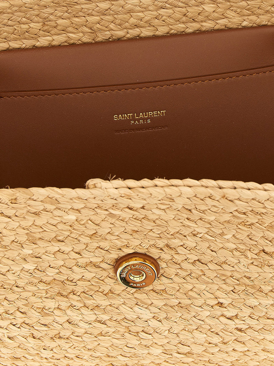 Saint Laurent Manon Raffia Shoulder Bag With Leather Flap Beige Cassandre Logo