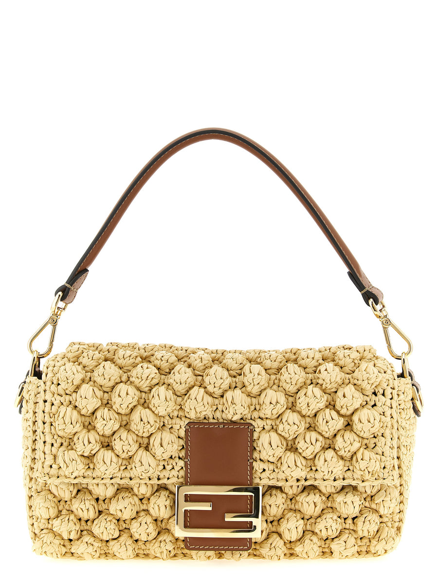 Fendi Baguette Medium Shoulder Bag For Women Elegant Raffia Texture Calfskin Leather Magnetic Closure Inside Pocket