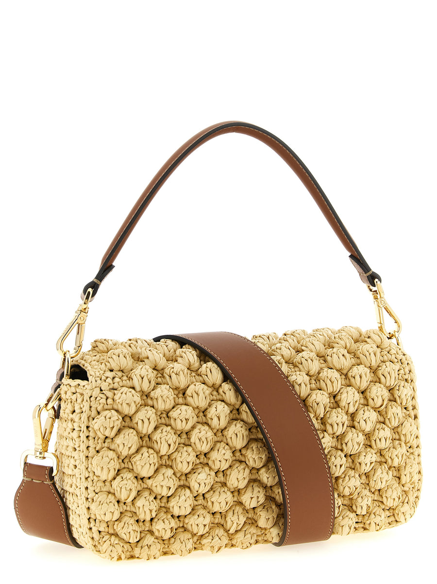 Fendi Baguette Medium Shoulder Bag For Women Elegant Raffia Texture Calfskin Leather Magnetic Closure Inside Pocket