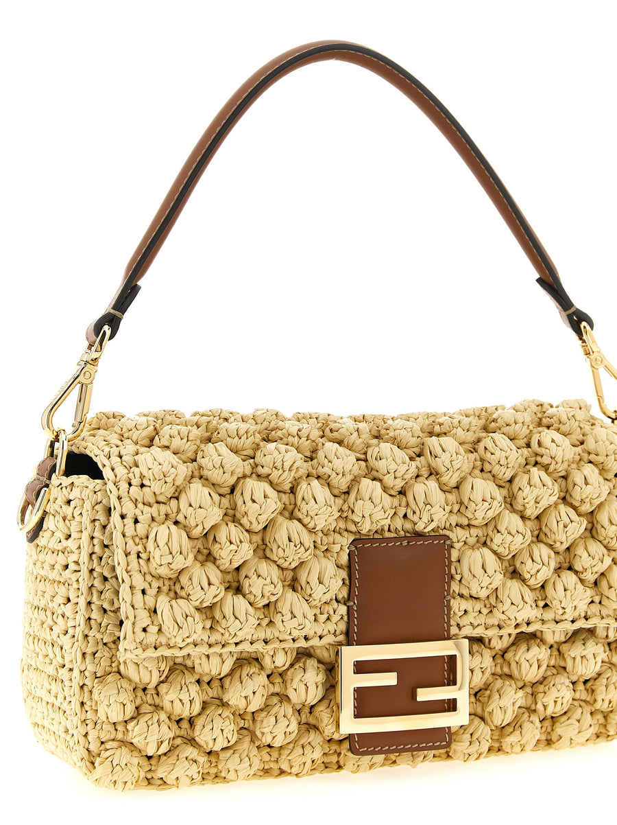Fendi Baguette Medium Shoulder Bag For Women Elegant Raffia Texture Calfskin Leather Magnetic Closure Inside Pocket